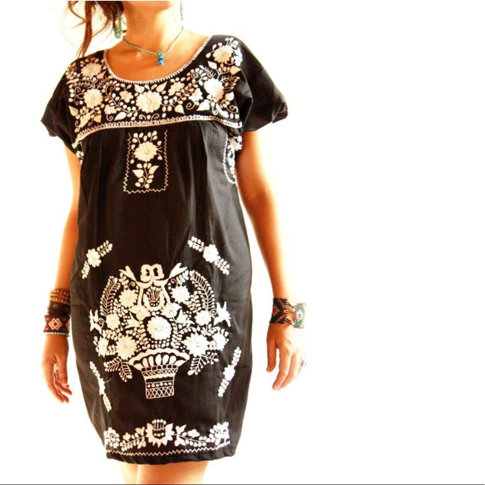 Black Mini Dress Mexican Embroidered